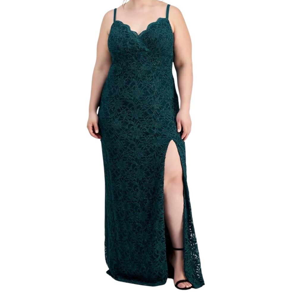 City Studios Women’s Glitter Lace Spaghetti Strap Gown Green Size 14W